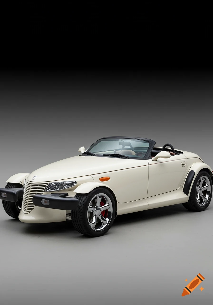 A cream-colored Plymouth Prowler convertible with chrome wheels and a black soft top is parked on a gradient gray background, viewed from the front quarter angle.