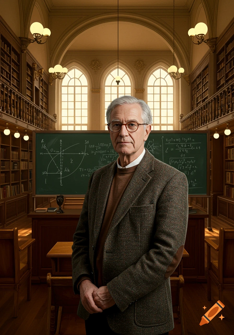 Photorealistic image of an older math professor with gray hair and glasses, standing in a grand library with a chalkboard.