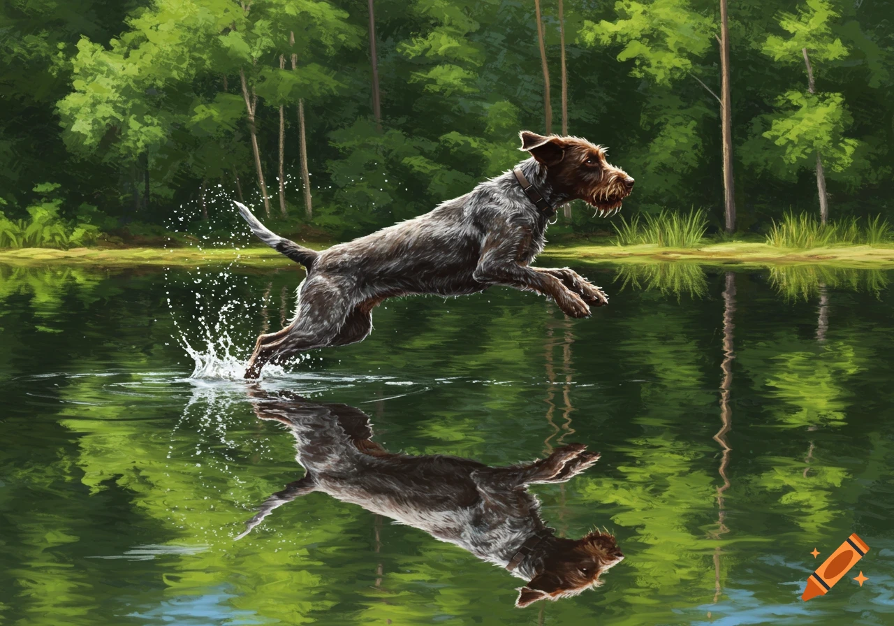 A German Wirehaired Pointer dog jumps into a calm lake, splashing water, with a lush green forest in the background.