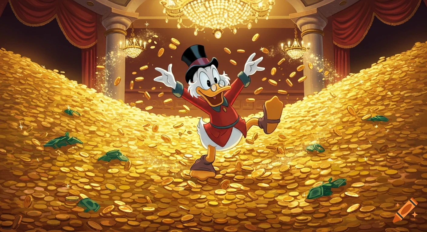 Scrooge McDuck gleefully jumping into a massive pile of gold coins in a grand room with chandeliers, in a cartoon style.