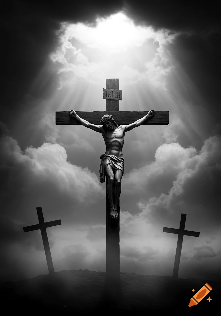 A black and white image of Jesus on a cross, flanked by two smaller crosses, under a dramatic, cloudy sky with light rays.