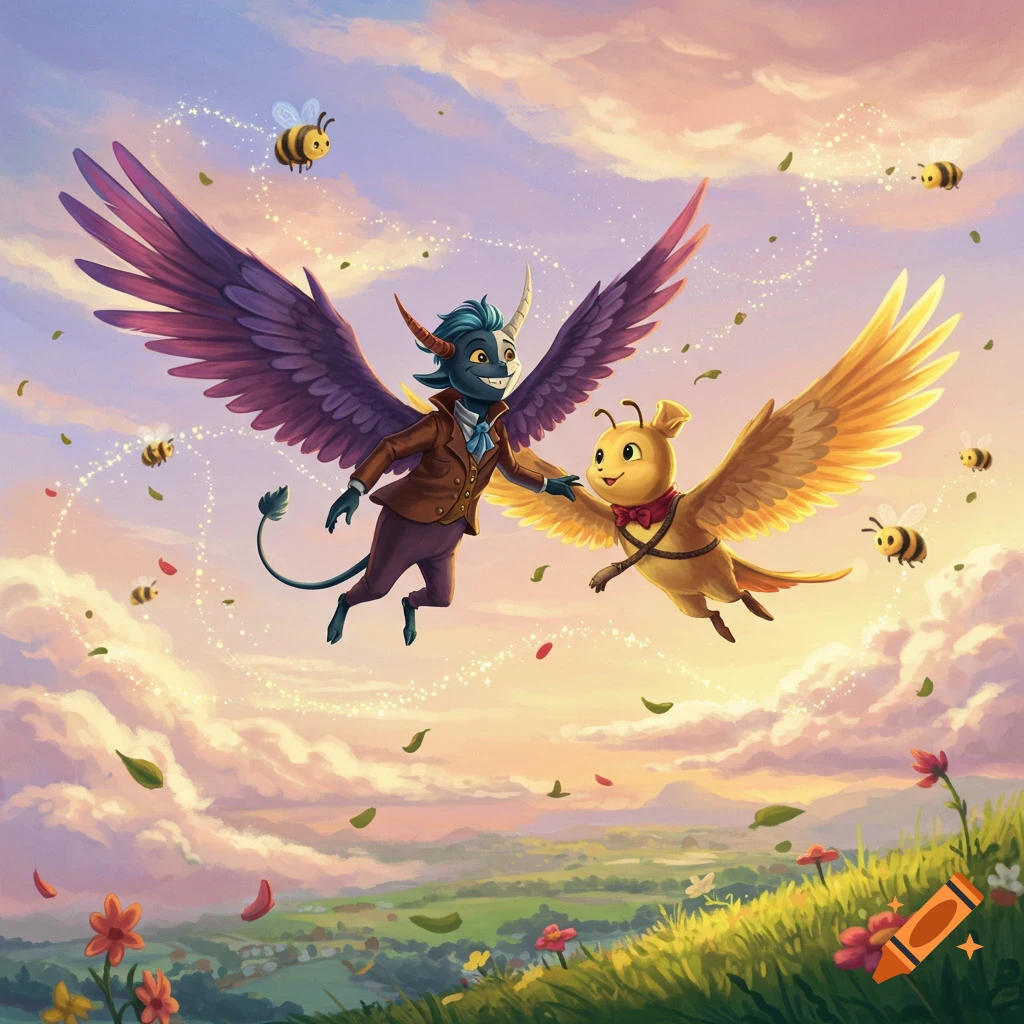 A blue demon-like creature with purple wings and a yellow winged dog-like creature fly through a sunny sky, holding hands, with bees and falling leaves around them, over a green landscape.