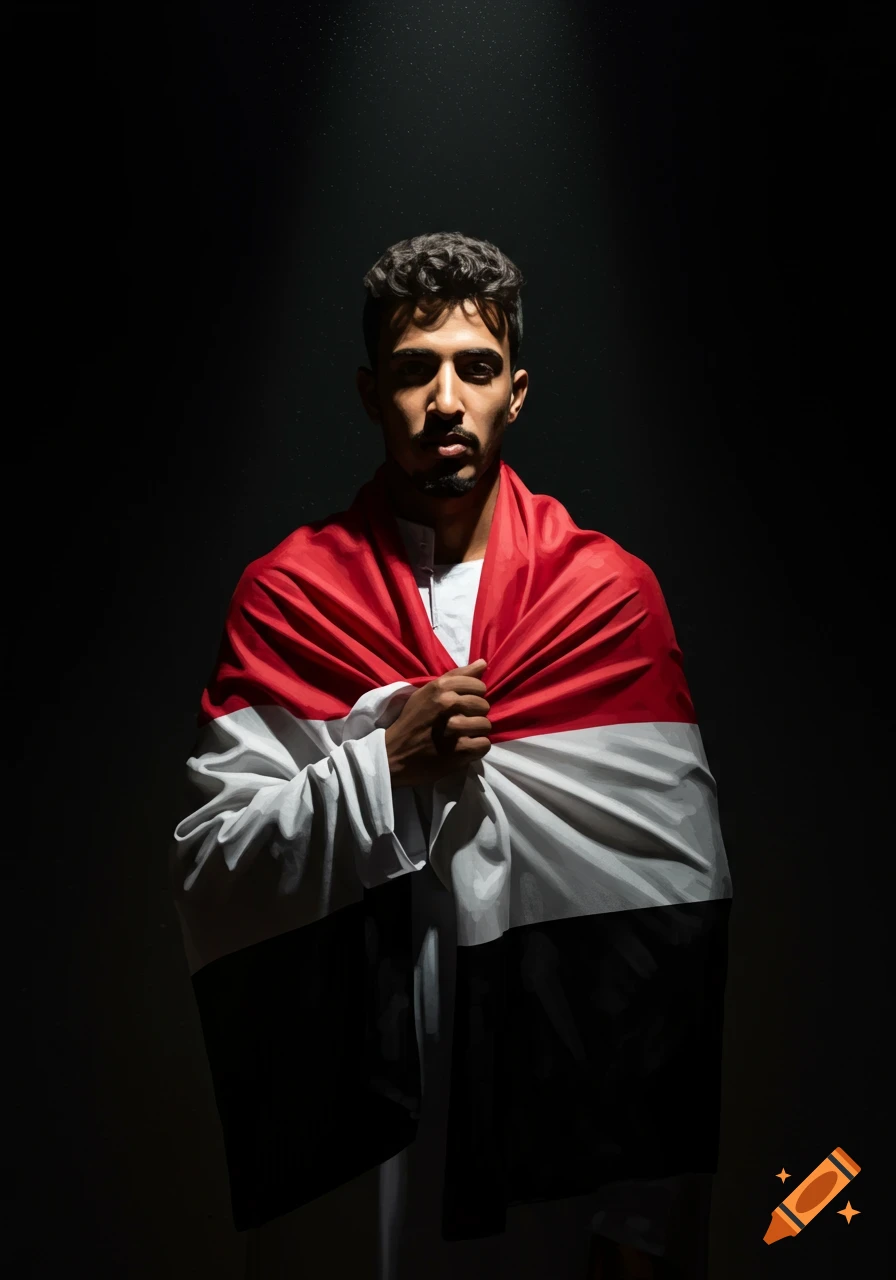 A proud young Yemeni man with curly hair, wrapped in the red, white, and black Yemeni flag, stands against a dark background with dramatic spotlighting.