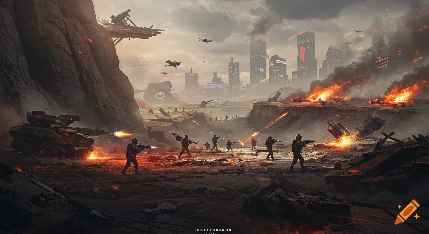 A futuristic battlefield with soldiers, tanks, explosions, and flying drones, set against a backdrop of distant skyscrapers.