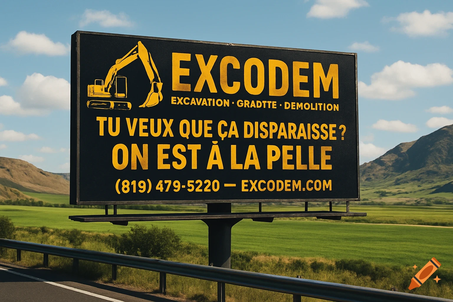 A large black and yellow billboard advertising EXCODEM, an excavation, grading, and demolition company, stands by a highway with green fields and mountains under a blue sky.