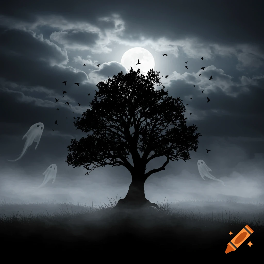 A spooky night scene with a silhouetted tree under a full moon, surrounded by flying birds and three ghostly figures in a misty landscape.