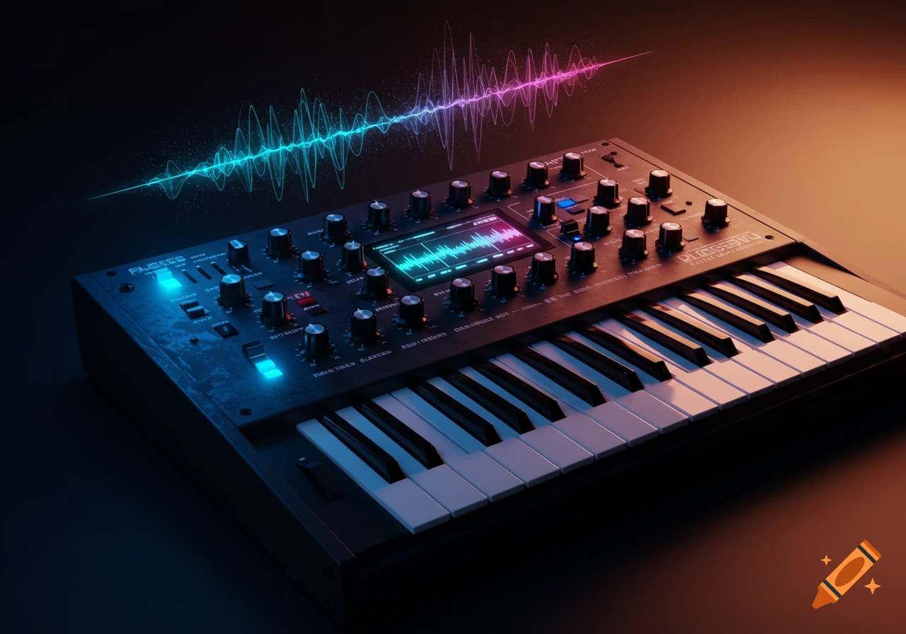 A glowing synthesizer keyboard with a digital waveform display showing a sound wave, illuminated by vibrant blue and purple lights.