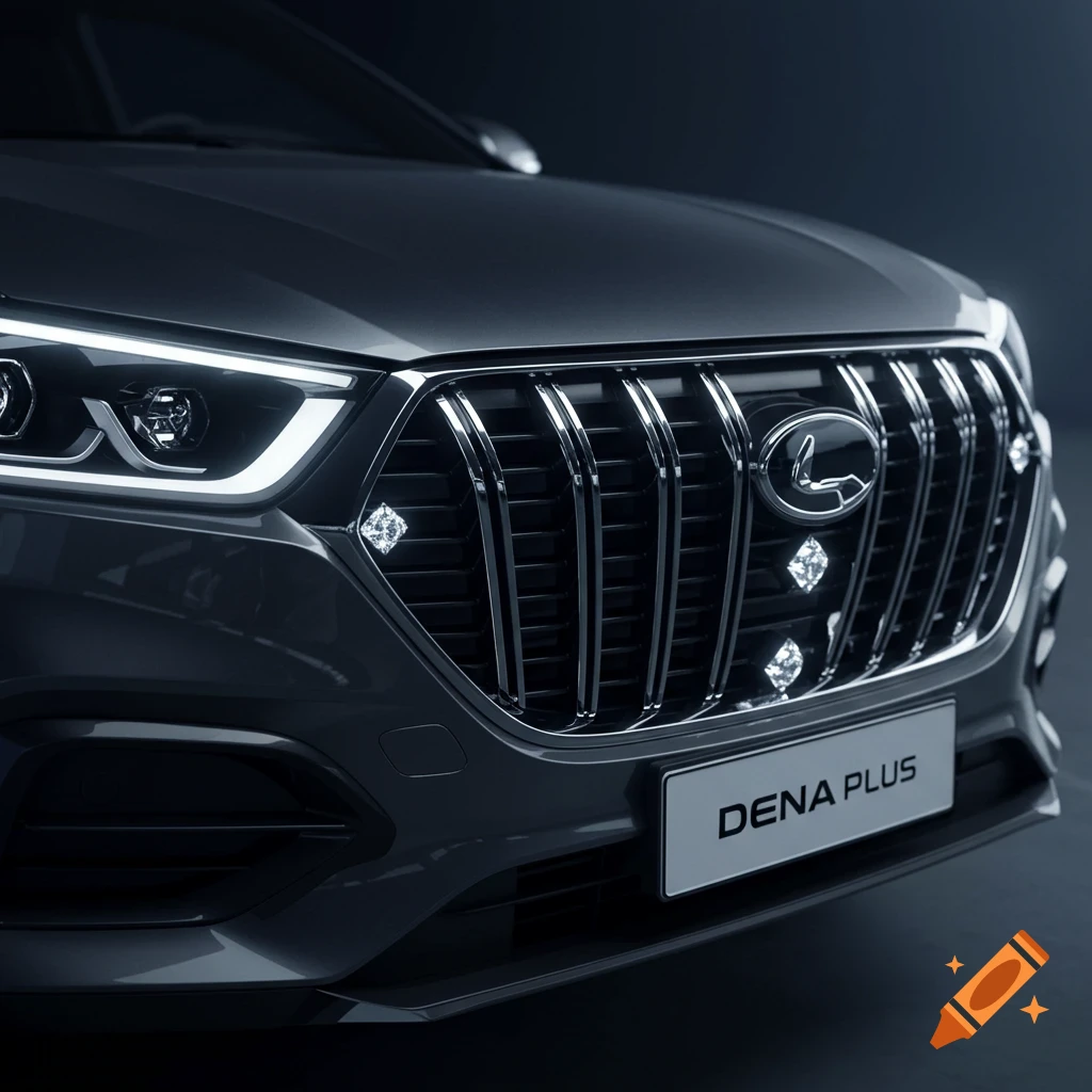 Photorealistic close-up of a dark car's front grille with diamond accents and illuminated headlights.