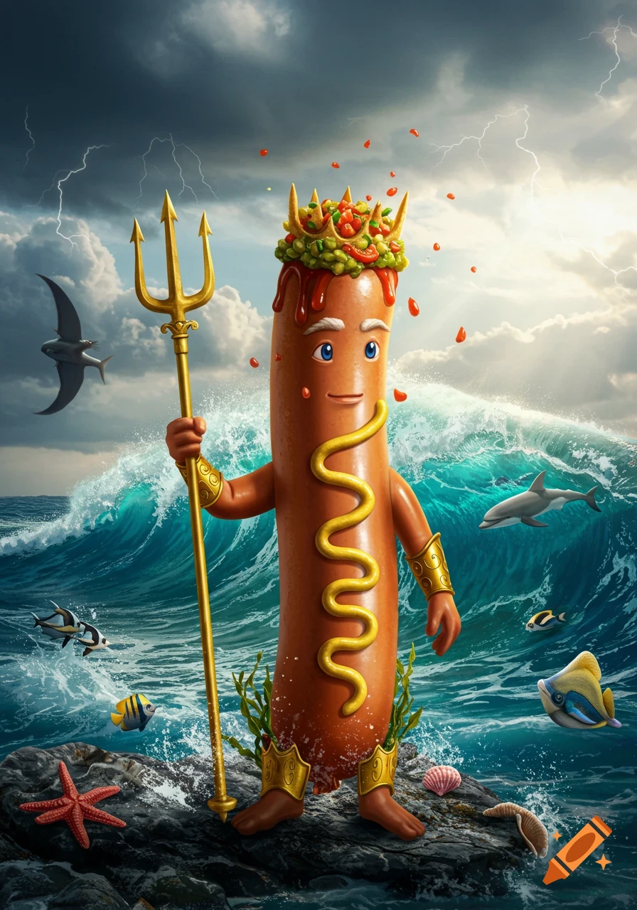 A cartoon hotdog god, resembling Poseidon, with a topping crown and mustard sash, stands on ocean rocks holding a trident amidst stormy waves and lightning.