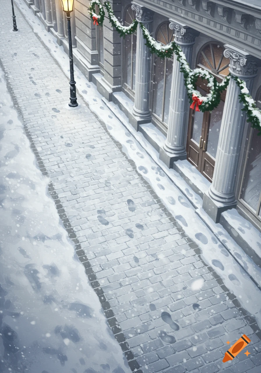 Top-down view of a snowy cobblestone sidewalk with footprints, a lamppost, and a building decorated with Christmas garlands.