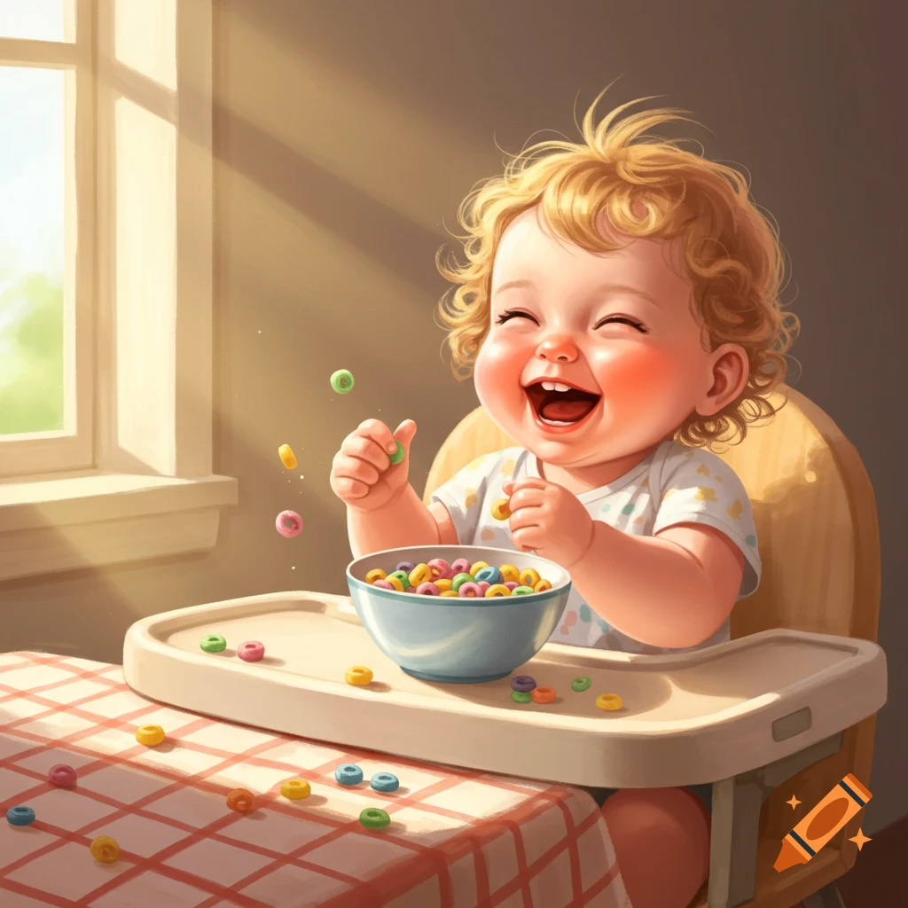 An adorable illustrated baby in a high chair laughs while playing with colorful cereal, some in a bowl and some on a plaid table by a sunlit window.