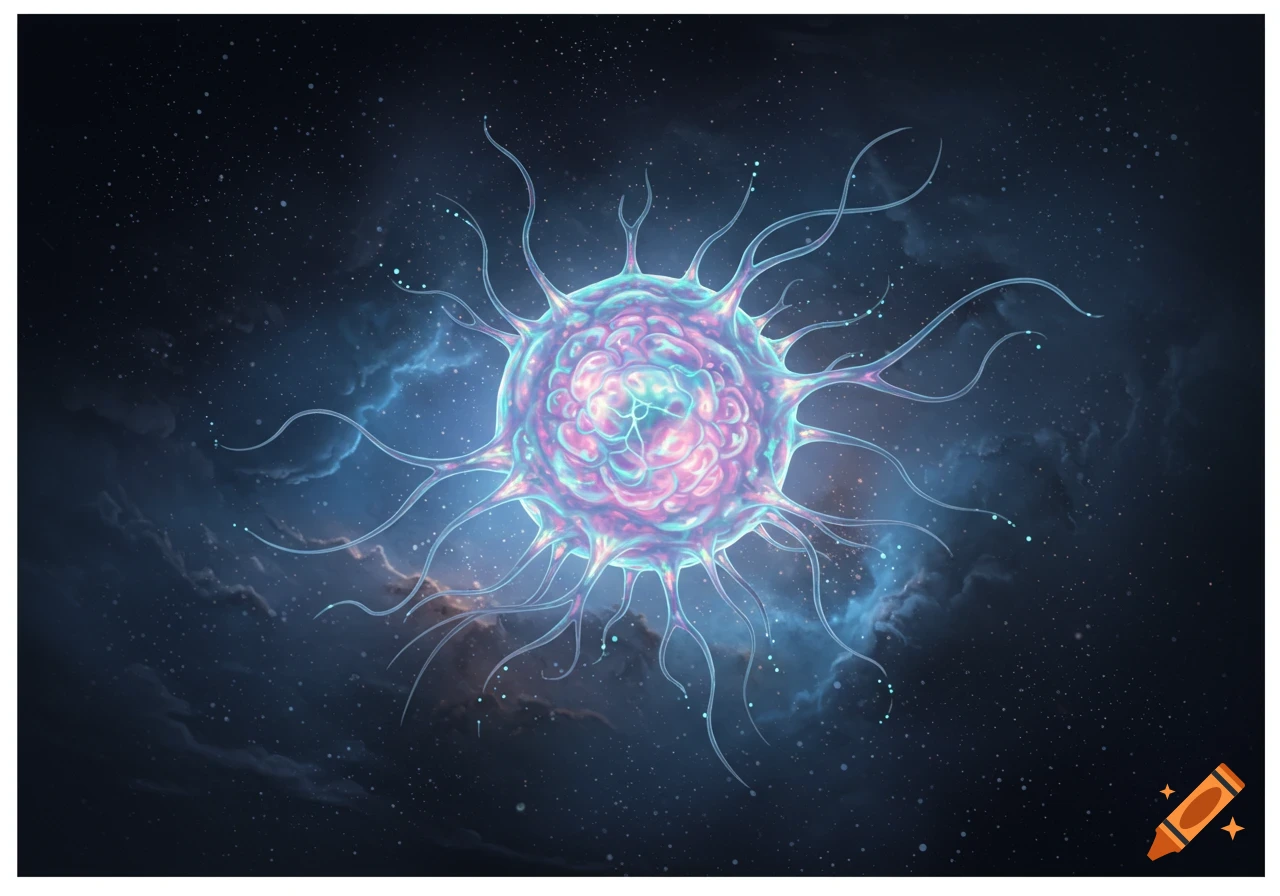 A glowing, spiky, brain-like organism floats in dark cosmic space with stars and blue nebulae.