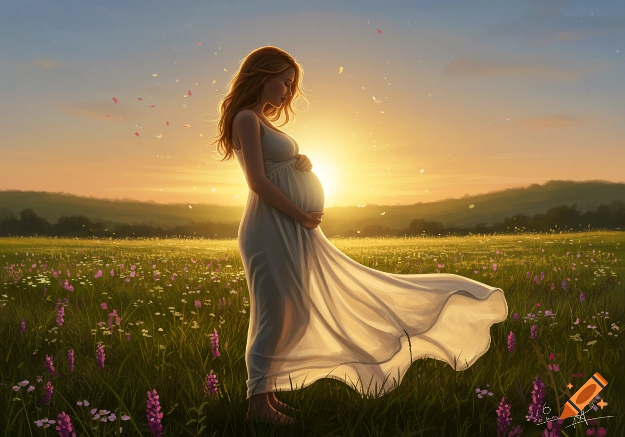A serene pregnant woman in a white dress stands in a wildflower field, silhouetted by a golden sunset.
