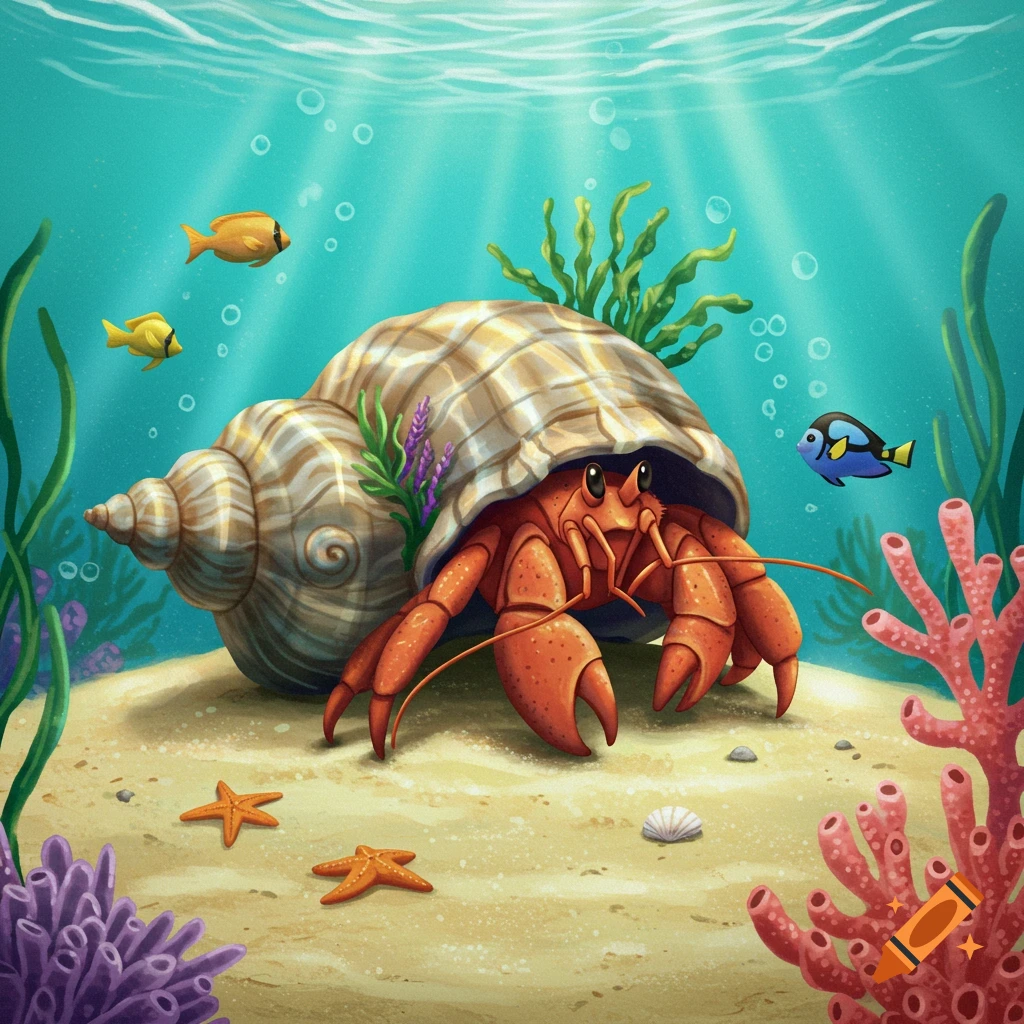 A vibrant cartoon illustration of a cute orange hermit crab on the ocean floor with colorful fish, coral, and seaweed.