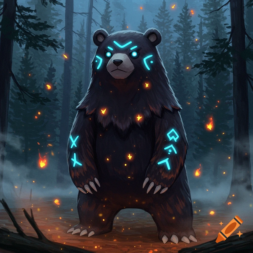 A mystical black bear with glowing blue runes and eyes stands in a dark forest surrounded by glowing orange embers, digital art style.