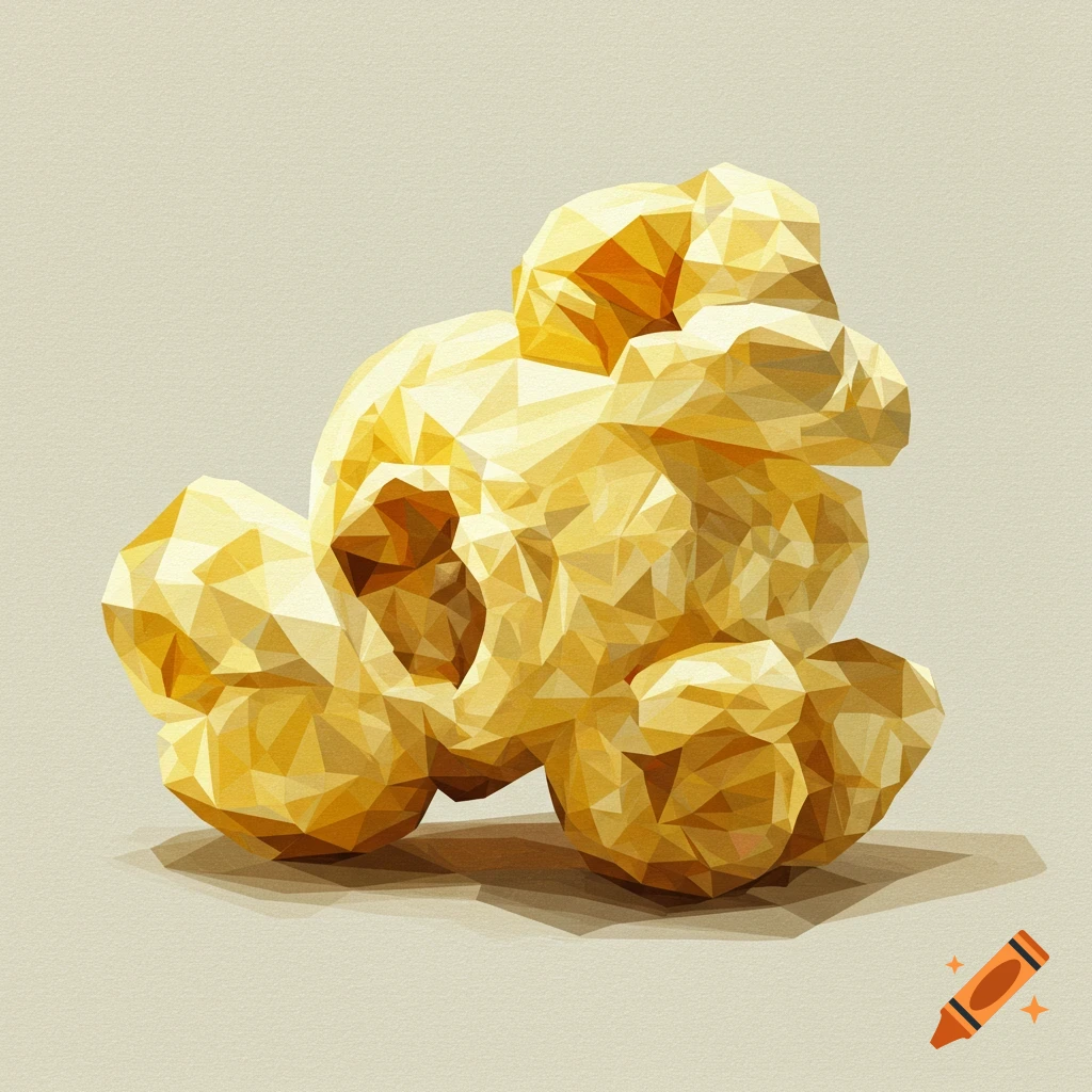 A single piece of popcorn rendered in a cubism art style on a light background.