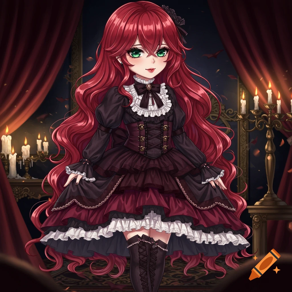 Anime girl with long red hair, green eyes, in an elaborate black and red gothic dress, surrounded by candelabras and red curtains.