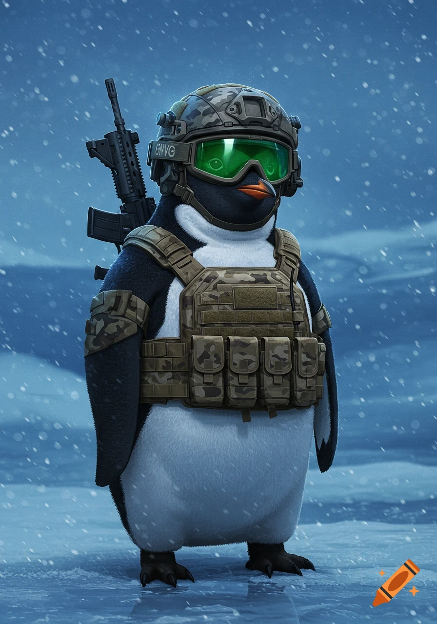 A cute penguin in full military tactical gear with a rifle on its back, standing in a snowy landscape.