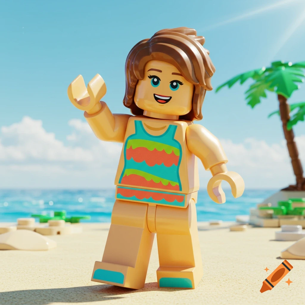 Lego girl figure with brown hair and colorful swimsuit waves on a sandy beach with ocean and palm tree.