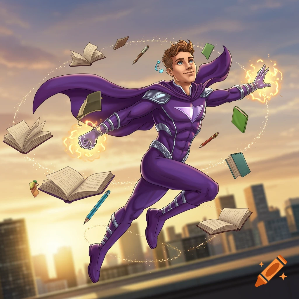 A cartoon male superhero in a purple suit and cape flies above a city, surrounded by floating books and pens, with glowing hands.