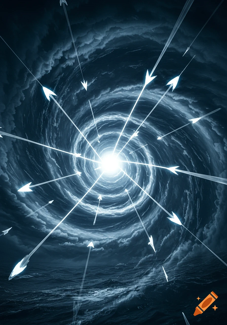 Abstract digital art of a dark, swirling hurricane with a bright core, bombarded by white arrows, above turbulent dark ocean waves.