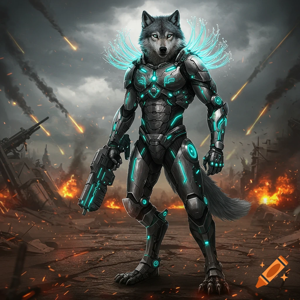 Anthropomorphic wolf in glowing bionic warrior armor stands with a gun in a war-torn futuristic landscape.