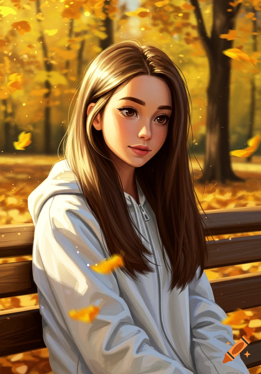 Digital painting of a girl with long brown hair in a white hoodie sitting on a park bench amidst golden autumn leaves.