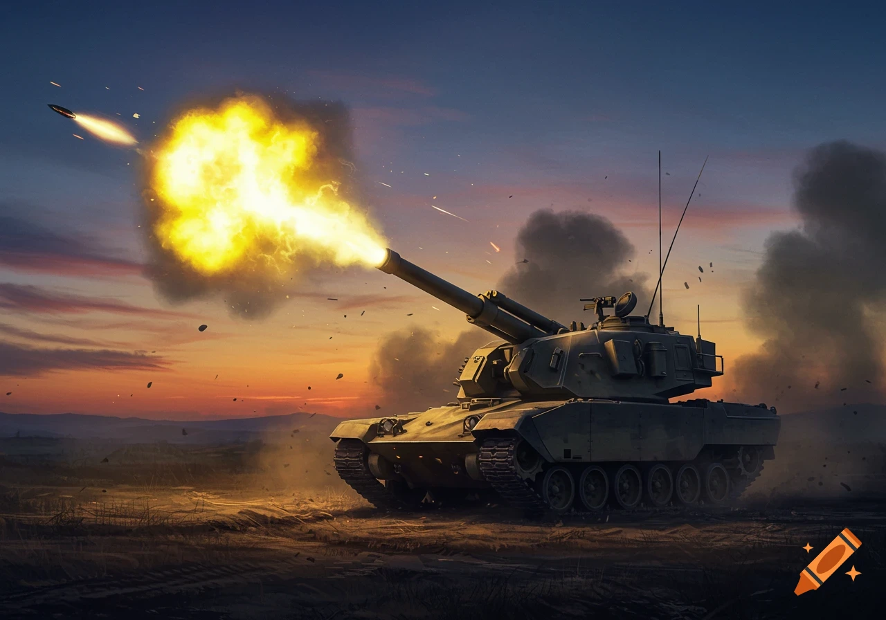 A military howitzer tank fires its cannon at sunset, with a missile flying through the air and smoke billowing.