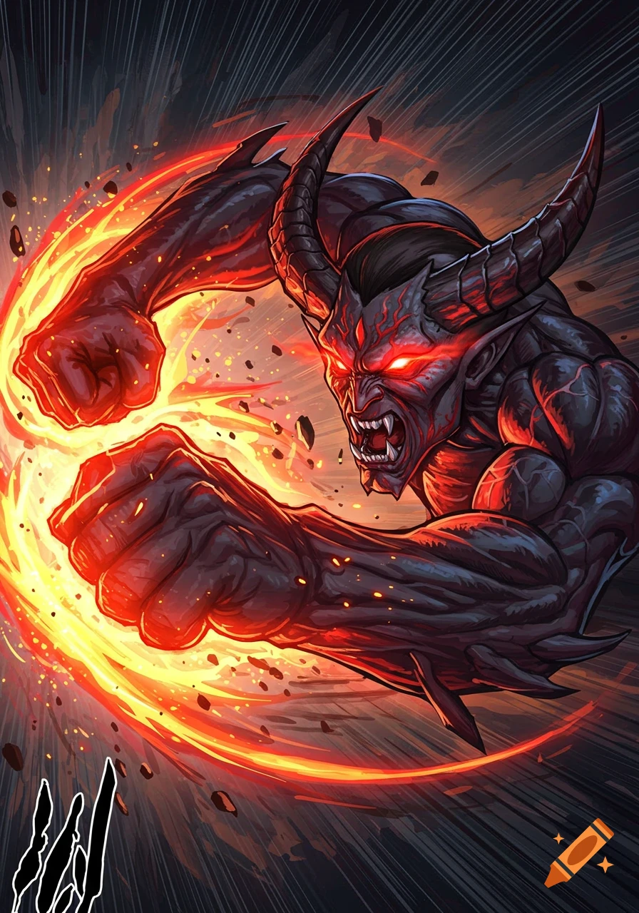 A powerful, muscular demon with glowing red eyes and horns throws a fiery punch in an action-packed manga style.