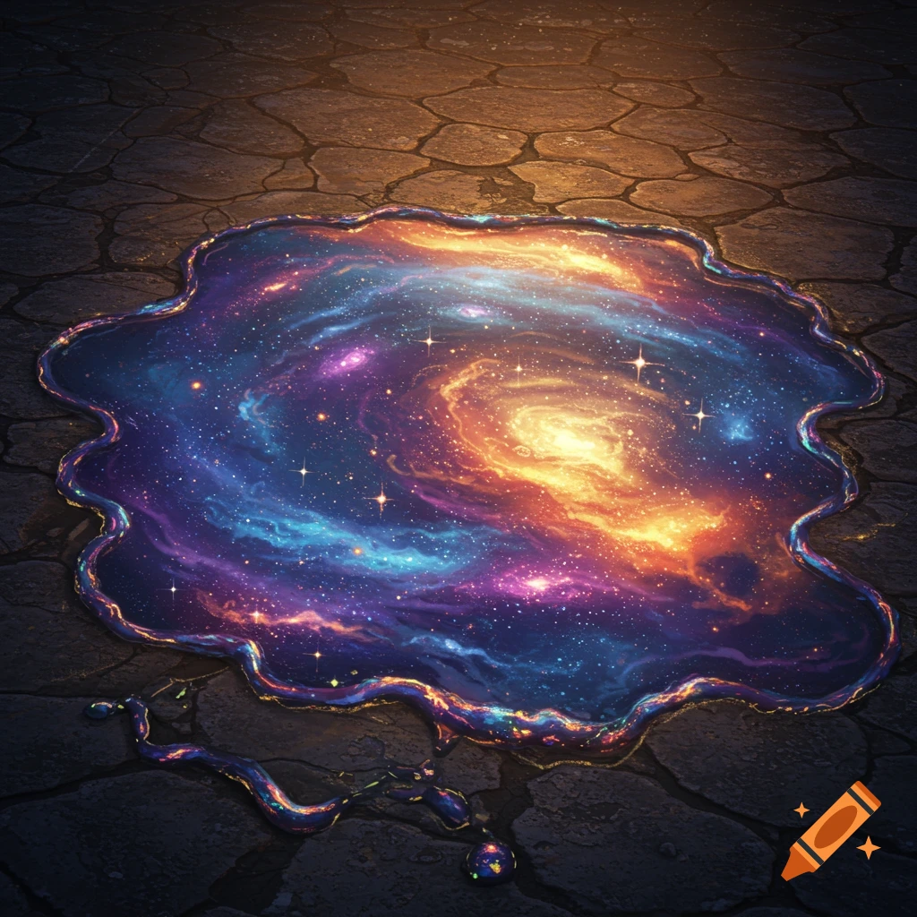A shimmering puddle reflects a vibrant galaxy on cracked, dry ground.