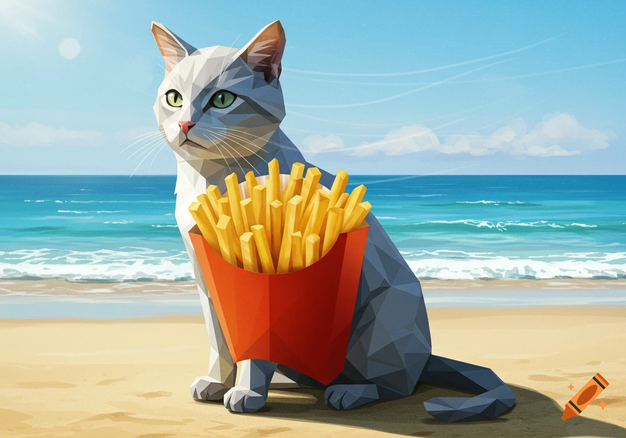Geometric style cat with a red french fry basket as its body sits on a sandy beach by the ocean.