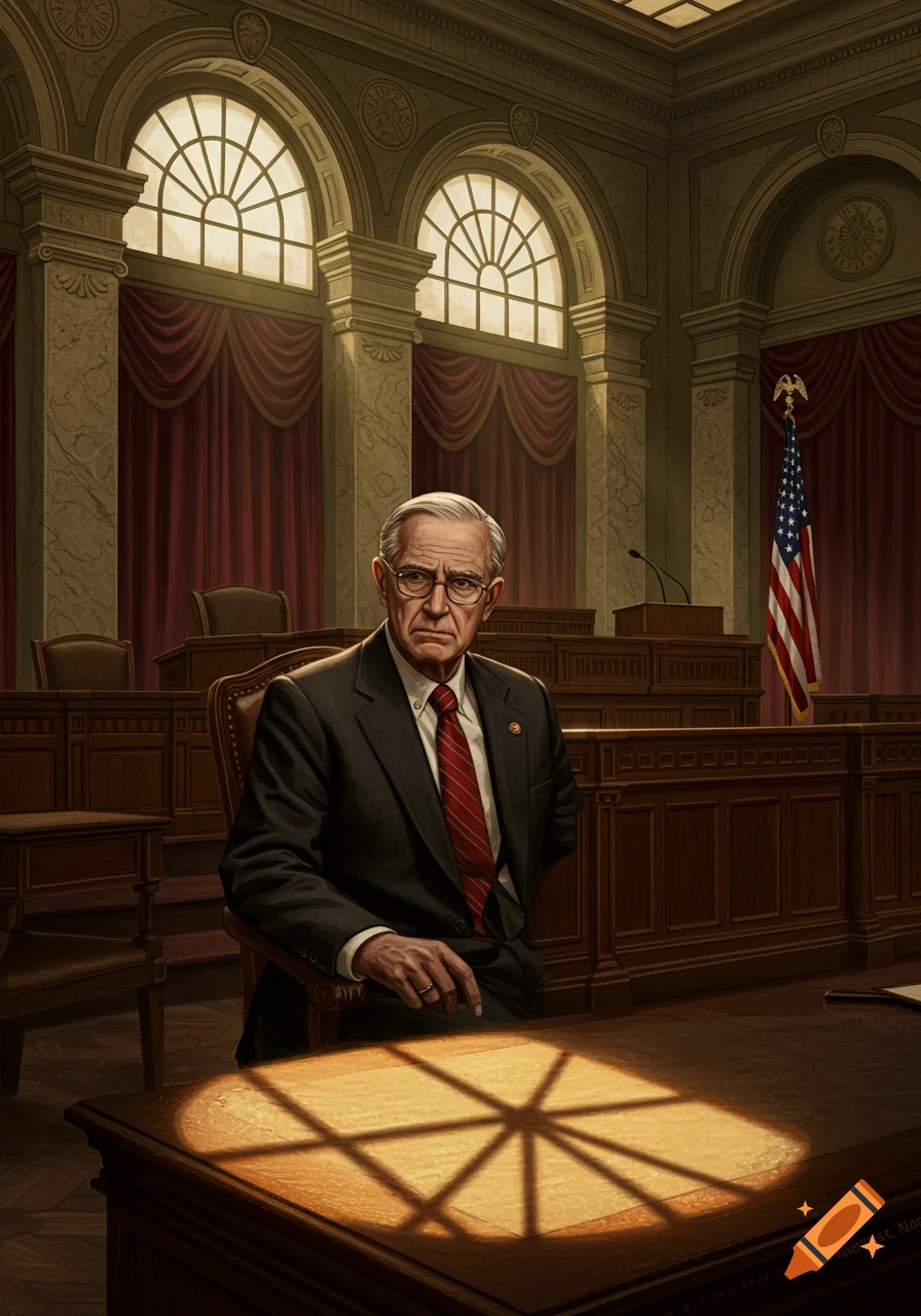 A serious-looking older man in a dark suit and red tie sits at a wooden desk in a formal courtroom, with an American flag nearby.
