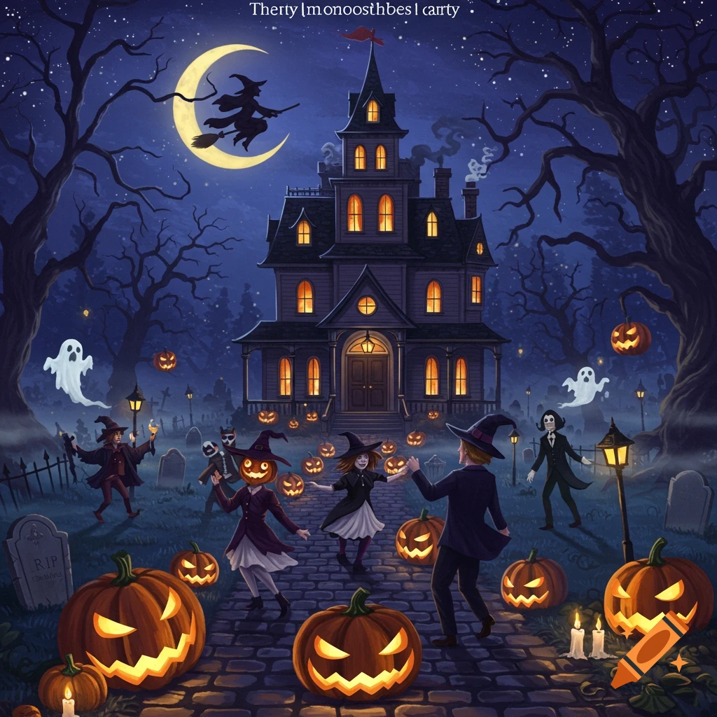 A vibrant, spooky Halloween party scene with a haunted mansion, witches, ghosts, and glowing jack-o'-lanterns under a crescent moon.