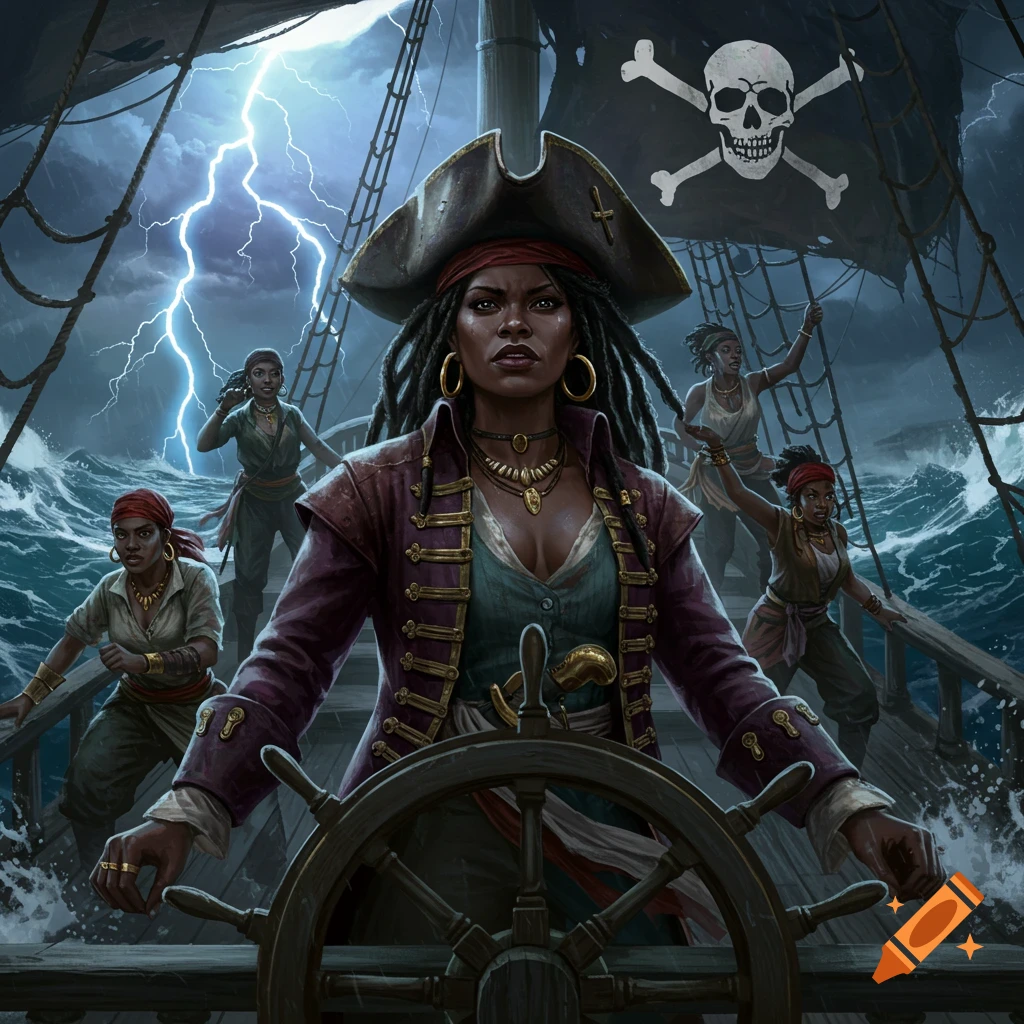 A fierce Black female pirate captain steers a ship during a lightning storm, with her crew and a skull and crossbones flag visible in the background.