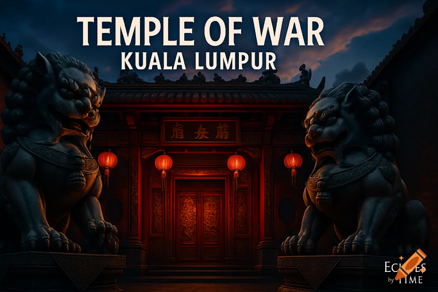 Dramatic nighttime view of a stylized Asian temple entrance with two large guardian lion statues, glowing red lanterns, and bold text overlay.