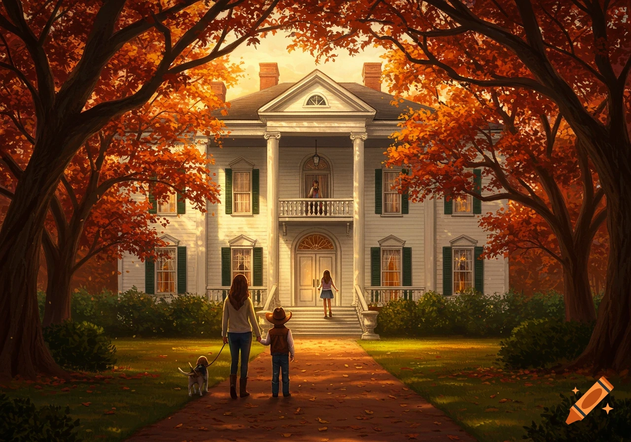 An illustration of a family walking towards a grand white mansion surrounded by vibrant autumn trees.