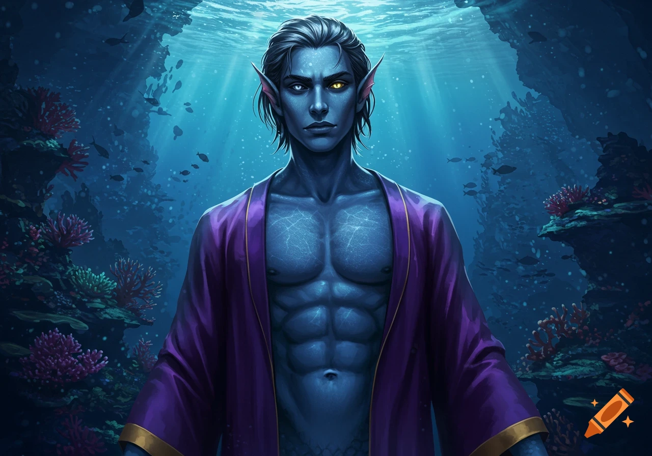 A dark blue-skinned Triton with heterochromia (one white, one yellow eye) and blue hair, wearing an open purple robe, stands in a vibrant underwater coral reef.