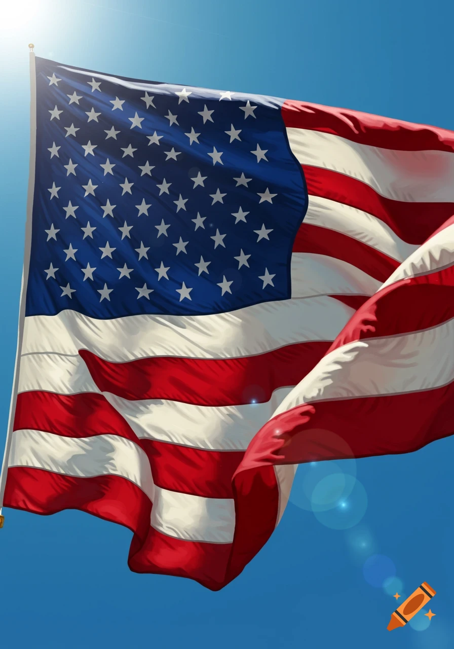 A large American flag waves proudly against a clear blue sky, with bright sunlight gleaming from the top left corner.