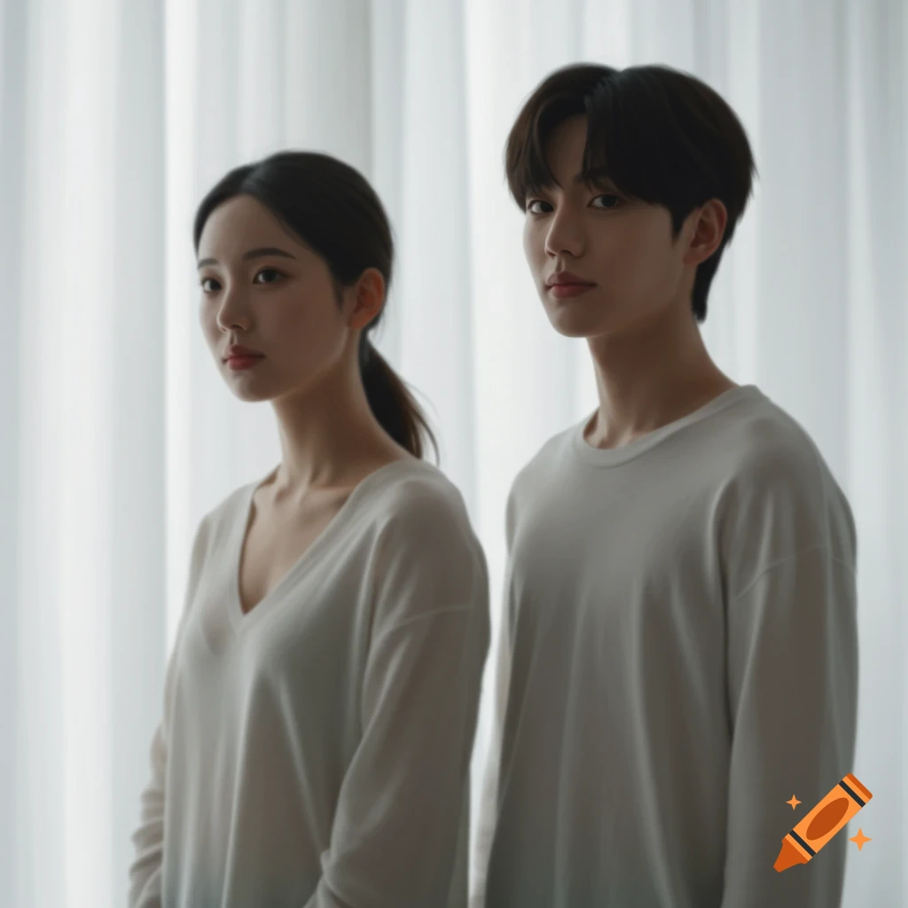 A photorealistic portrait of a young man and woman in white shirts against a blurred white curtain.