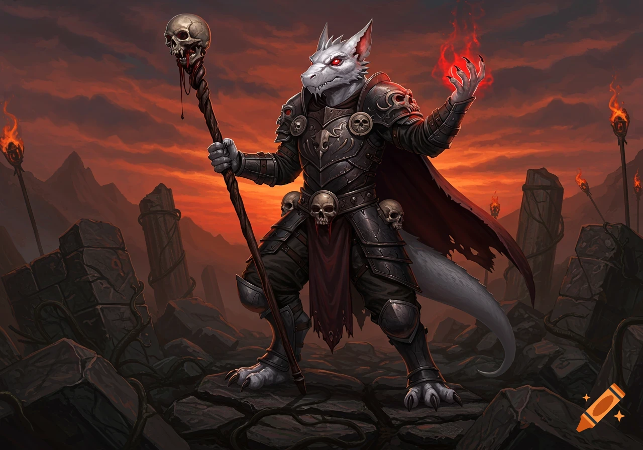 A white-furred sorcerer in dark armor with skulls casts a fiery spell, holding a skull staff in ancient ruins under a fiery red sky.
