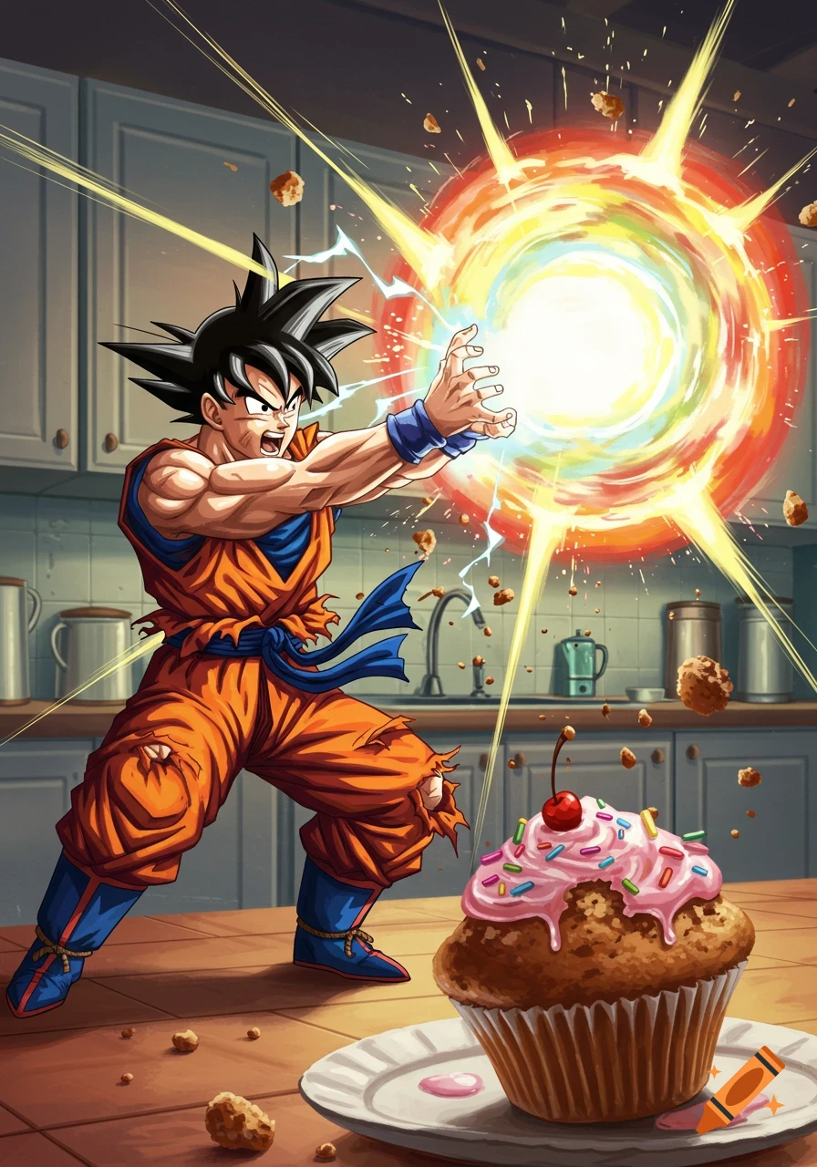 Goku from Dragon Ball in a kitchen firing an energy blast at a large cupcake in anime style.