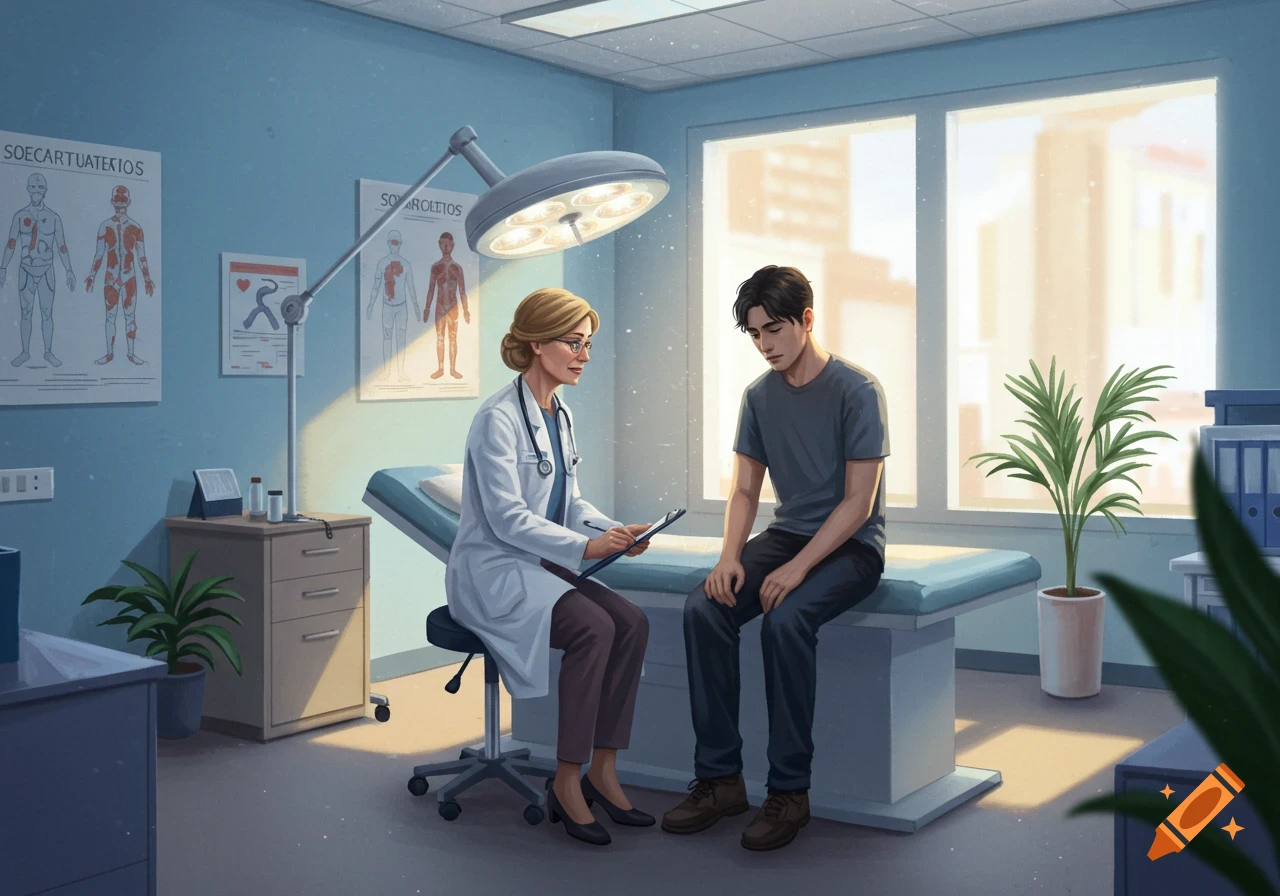 Female doctor in a white coat talks to a male patient sitting on an examination table in an illustrative style.