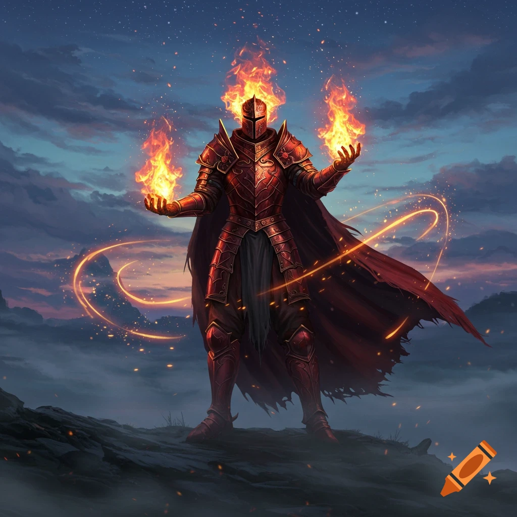 A majestic knight in red armor with a fiery head and hands, surrounded by glowing magical arcs, stands on a misty hill at dusk.