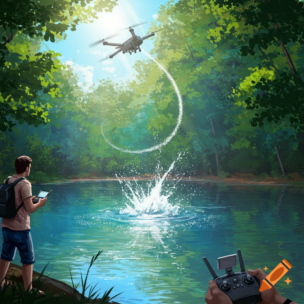 An illustration of a man crashing a drone into a lake in a lush forest under a bright sky.