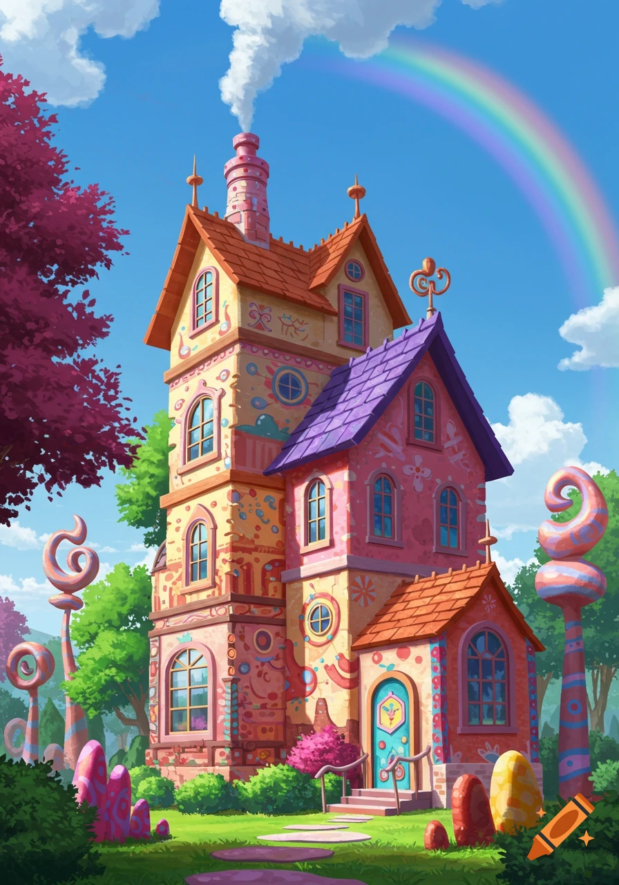 A whimsical, colorful cartoon house with a tall chimney, surrounded by lush foliage and strange plants, under a blue sky with a rainbow.