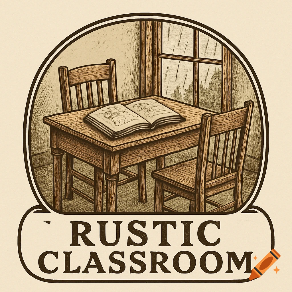 Vintage-style logo of a rustic classroom with a table, chairs, open book, and window, with 'RUSTIC CLASSROOM' text.