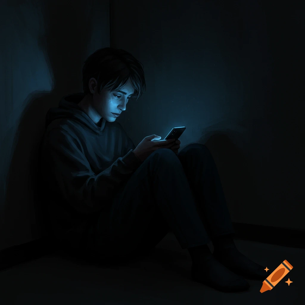 A young person sits in a dark room, face lit by the blue glow of their smartphone, in a digital art style.