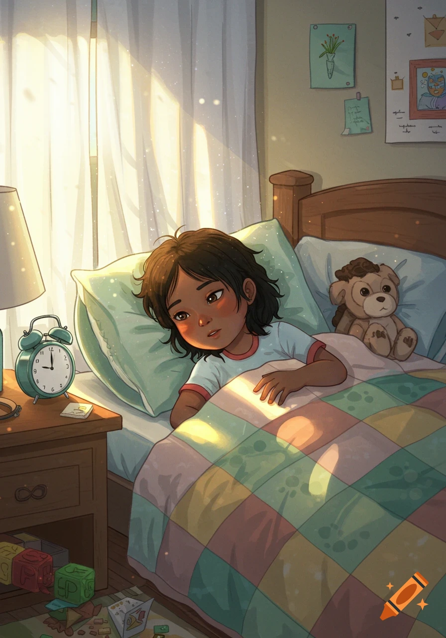 An illustrated image of a young child with dark hair lying awake in bed, bathed in warm morning sunlight coming through a window. An alarm clock on the nightstand shows 7:30, and a teddy bear is next to the child in bed.