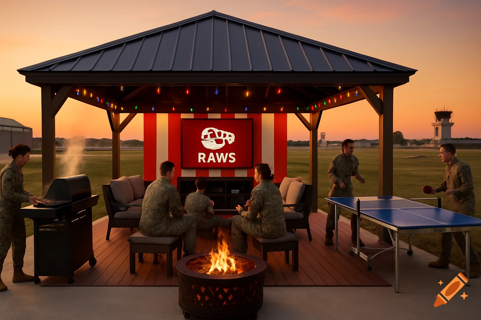 Photorealistic image: Air Force personnel relax under a gazebo at a military airfield during sunset, grilling, gaming, and playing ping pong.