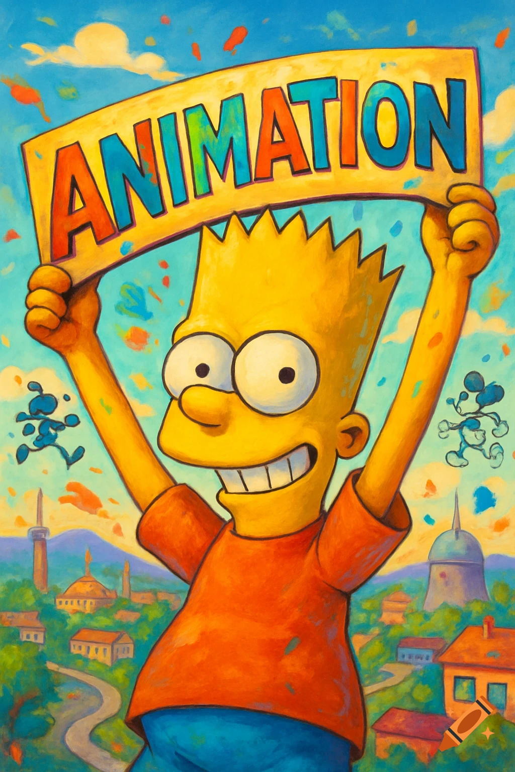 Bart Simpson in a painterly style holding a yellow banner with the word 'ANIMATION' above a stylized city.